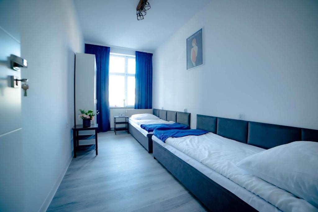 納梅斯武夫的住宿－LOFT APARTAMENT NAMYSŁÓW，一间卧室设有两张床和窗户。