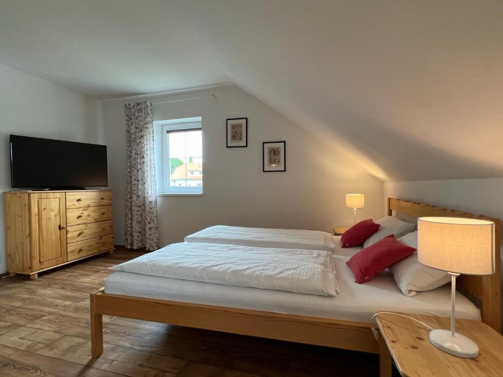 a bedroom with a large bed and a television at Apartment Brusinka in Kašperské Hory