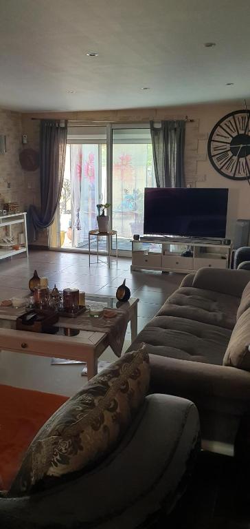 un salon avec un canapé et une télévision dans l'établissement Belle villa sur martigues, à Martigues