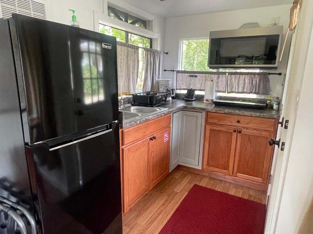 a kitchen with a black refrigerator and wooden cabinets at Creekside Fantasy Inn in Hudson