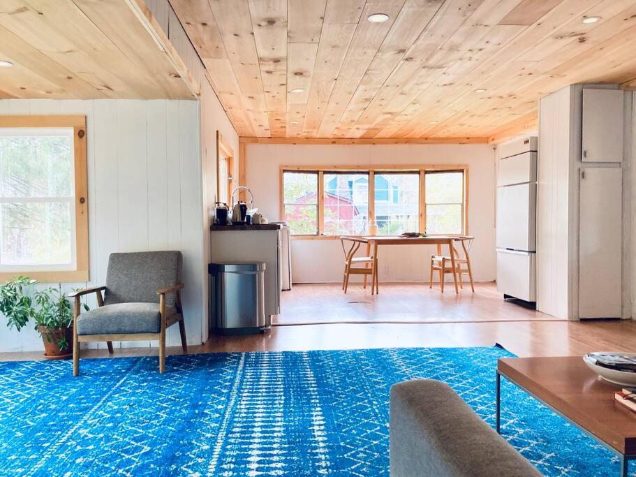 uma sala de estar com um sofá e uma mesa com um tapete azul em Stream House (The Lorca, Catskills) em Shandaken