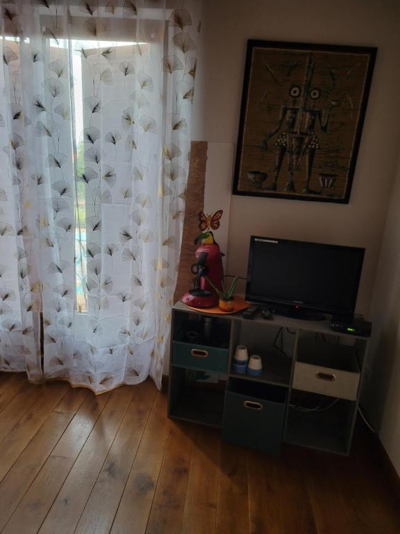 a living room with a television and a window with curtains at Damarie in Craponne-sur-Arzon