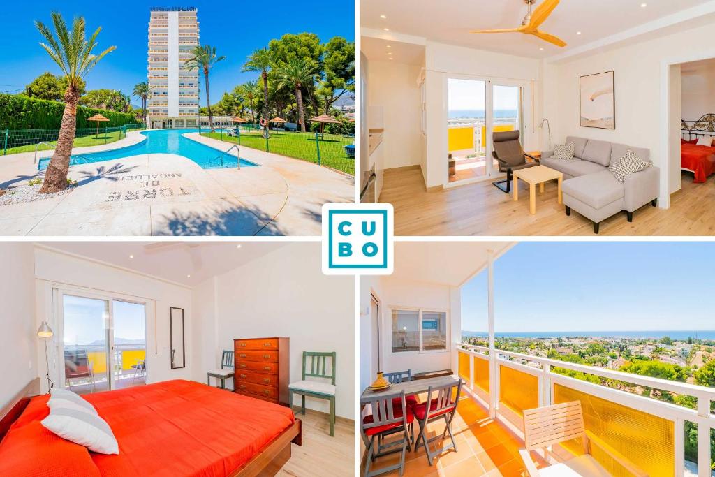 een collage van foto's van een slaapkamer en een huis bij Cubo's Torre Andalucia Marbella Apartment in Marbella