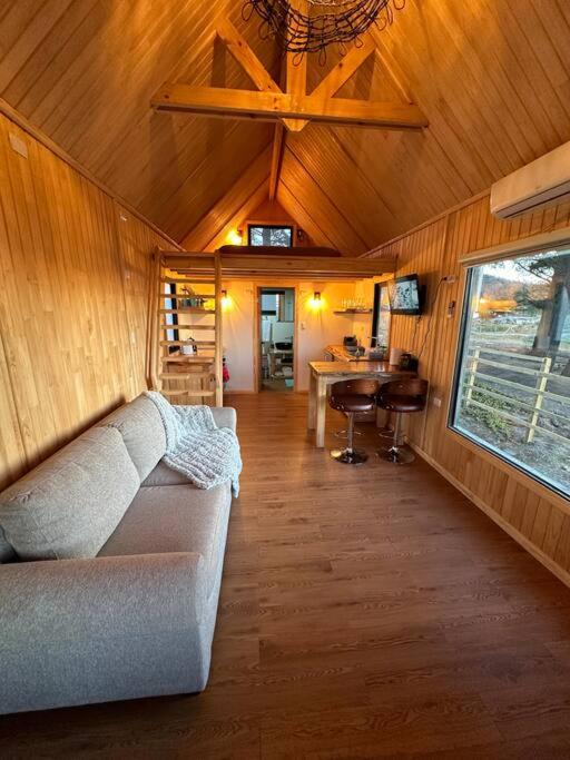 ein Wohnzimmer mit einer Couch in einem winzigen Haus in der Unterkunft Tiny house - Playa in Arauco