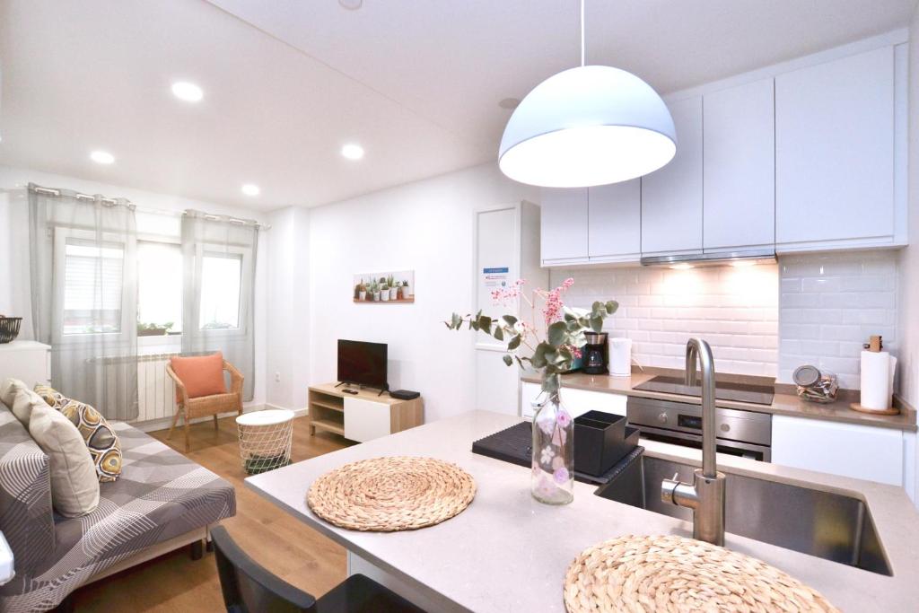 eine Küche und ein Wohnzimmer mit einer Arbeitsplatte in der Unterkunft STAY Rosal in Oviedo