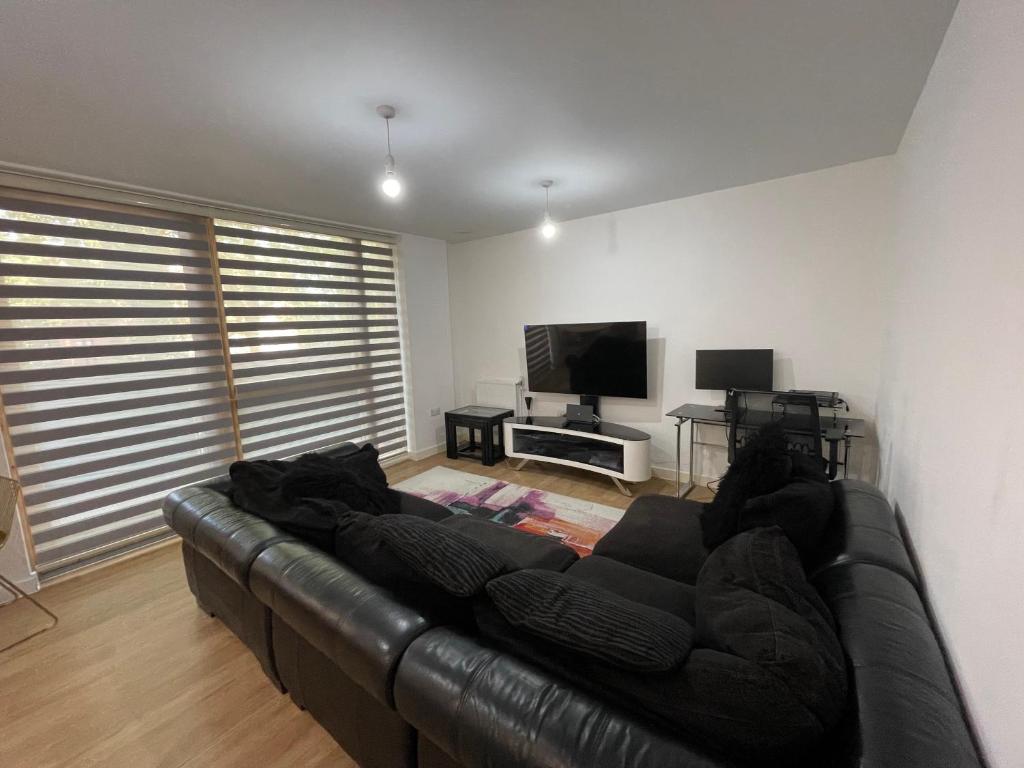 a living room with a leather couch and a flat screen tv at Spacious 2 Bedroom Modern Flat in London