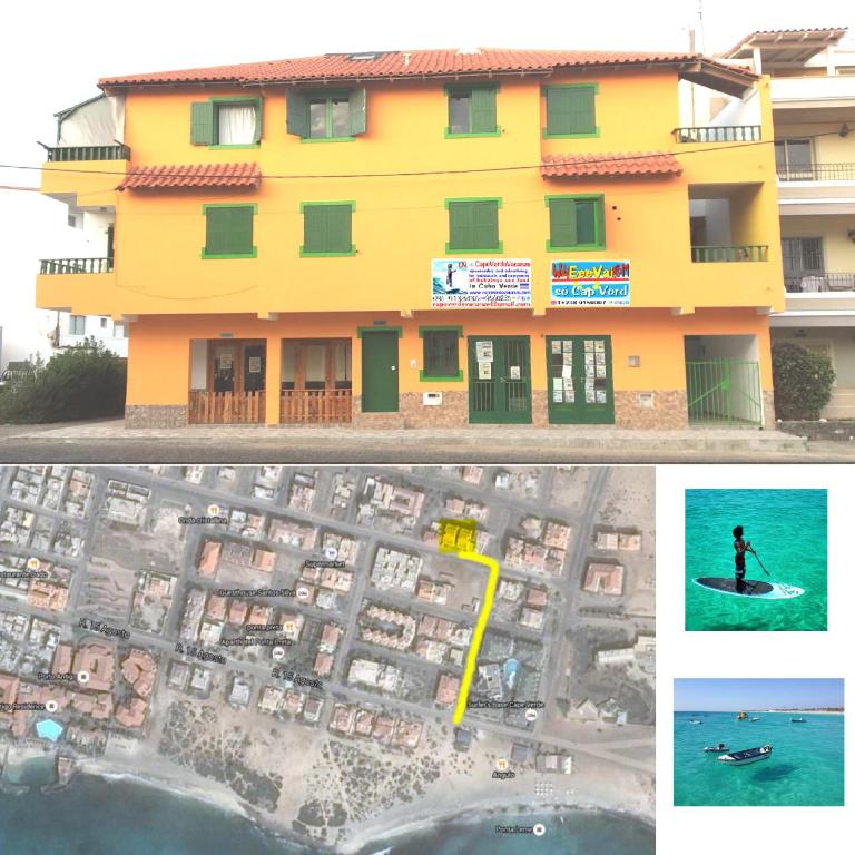 two pictures of a building and a man on a surfboard at Azalea Capo Verde Laura in Santa Maria