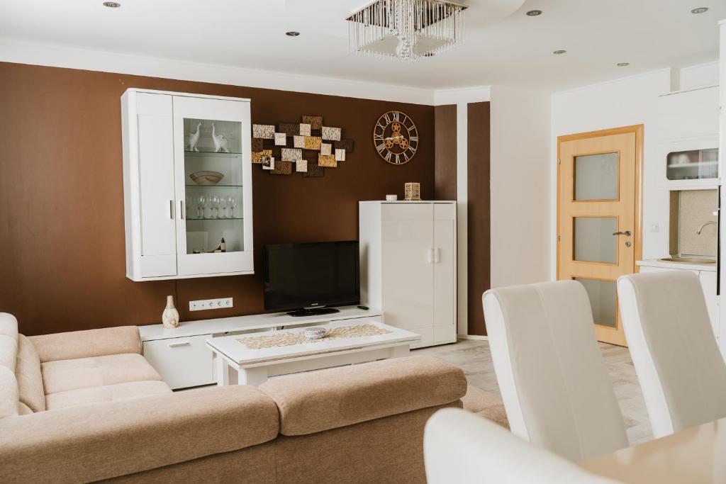 Apartman Stil في بوغوينو: غرفة معيشة مع أريكة وتلفزيون