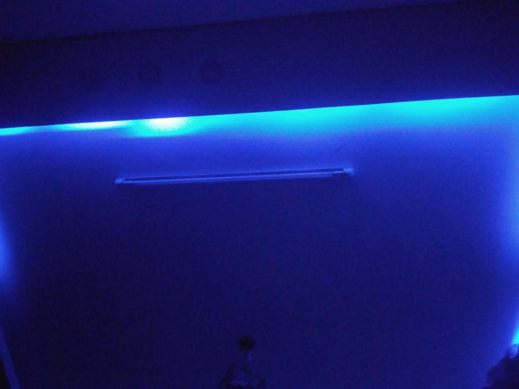 ein dunkles Zimmer mit blauen Lichtern an der Decke in der Unterkunft Camp M & M 