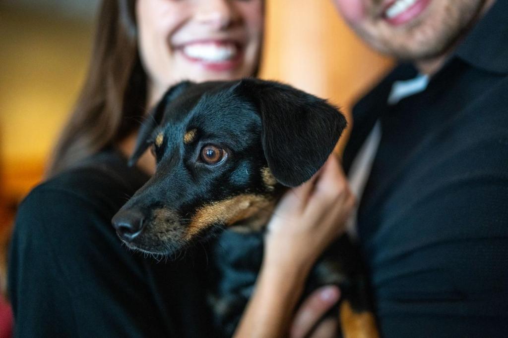 a man and a woman holding a black and brown dog at Whistler Village Inn & Suites in Whistler