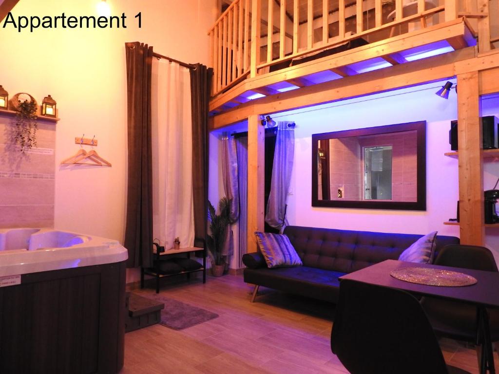een woonkamer met een bank en een wastafel bij Love Room Narbonne in Narbonne