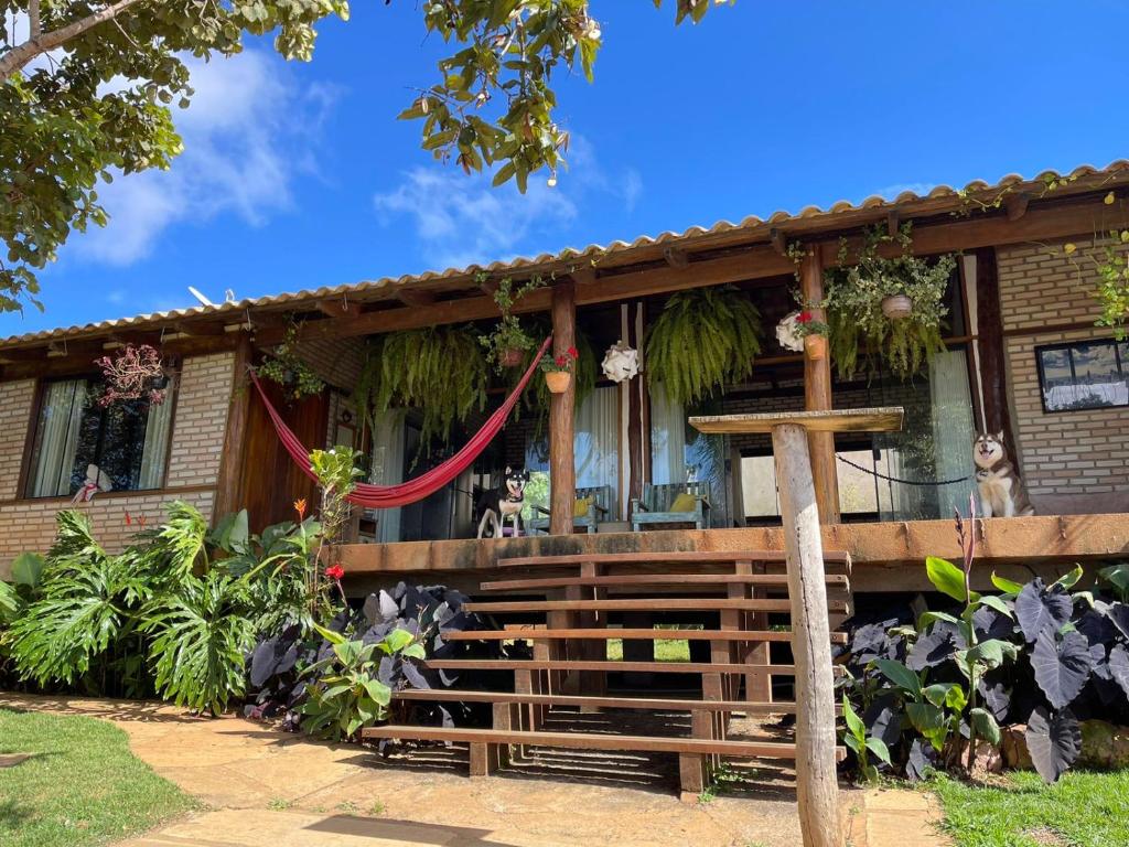 a house with a dog sitting in the window at Guest House Jardim Botânico Brasília in Brasília