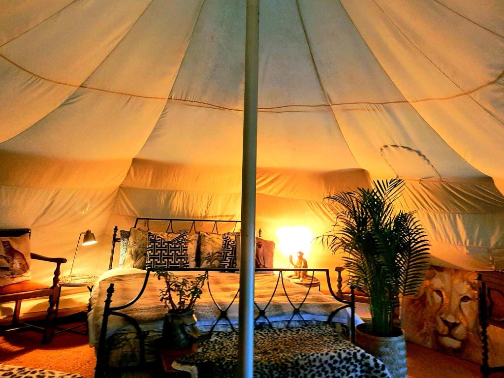 Wild Retreat في Cawston: غرفة نوم مع خيمة مع سرير ونبات