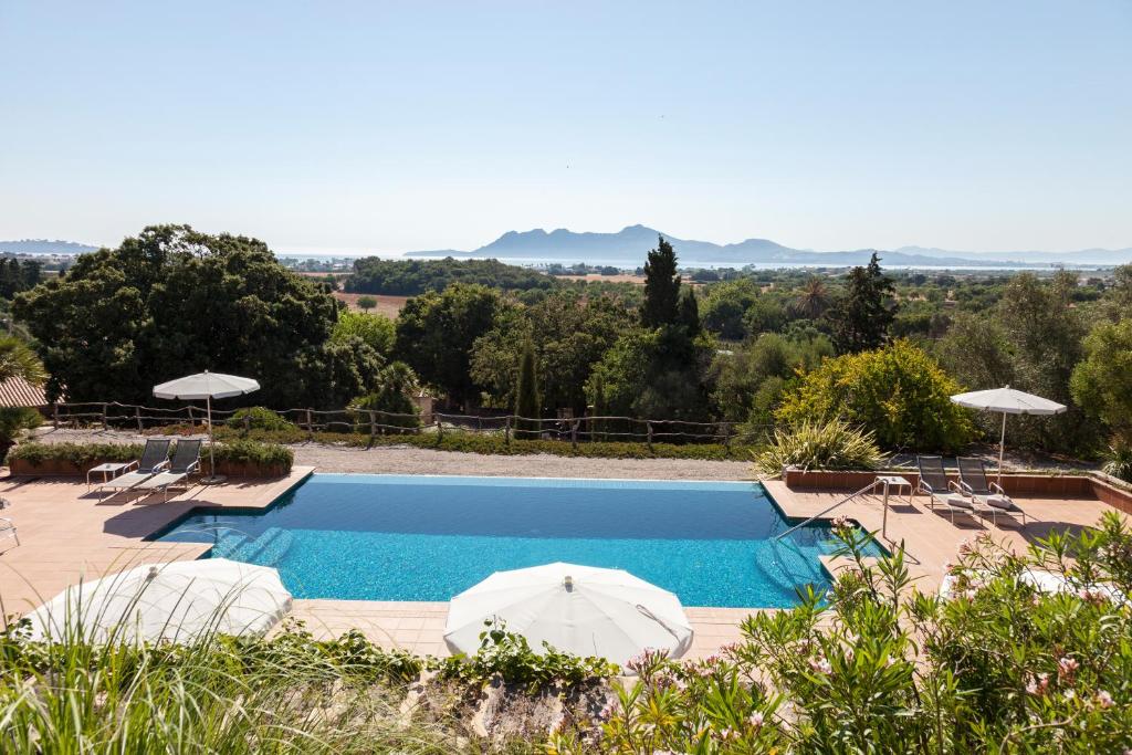 - une piscine avec deux parasols et des chaises dans l'établissement Hotel Llenaire, à Port de Pollença