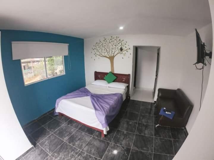 ein Schlafzimmer mit einem Bett und einem Stuhl darin in der Unterkunft Hostal Casa del Sol in Santa Marta
