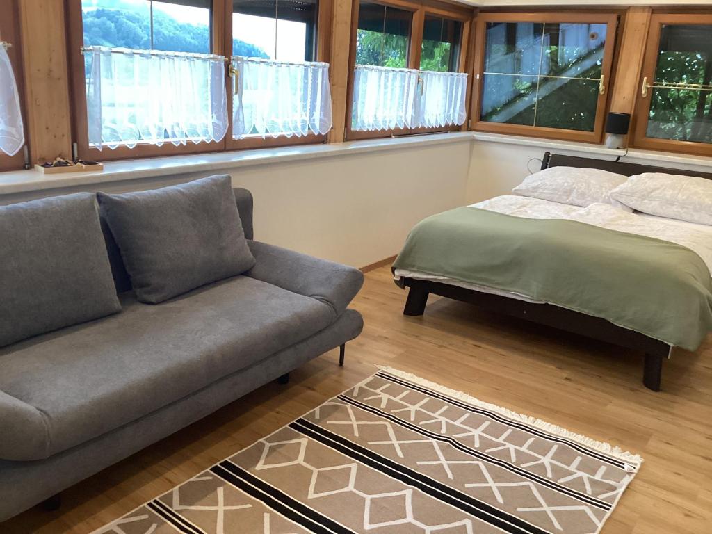 salon z kanapą, łóżkiem i oknami w obiekcie Urlaub am Bauernhof - Zettlerhof Apartment 