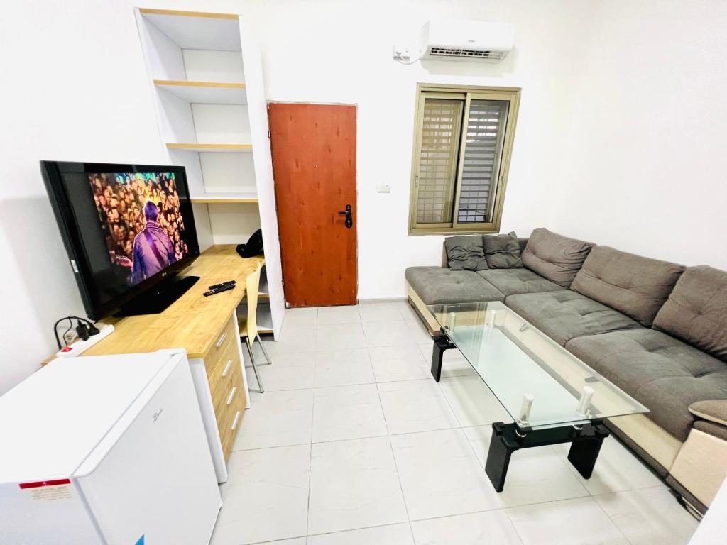a living room with a couch and a flat screen tv at КВАРТИРА С ДВОРИКОМ! in Haifa
