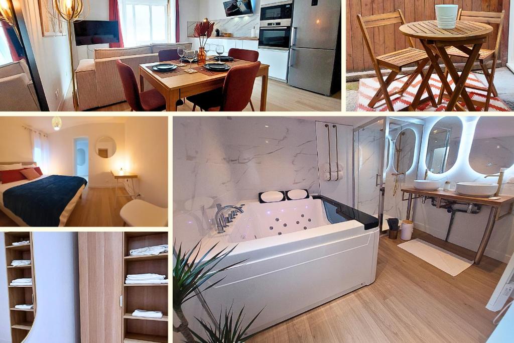 een collage van foto's van een keuken en een woonkamer bij ArtGold * Logement Haut de gamme Spa in Roanne