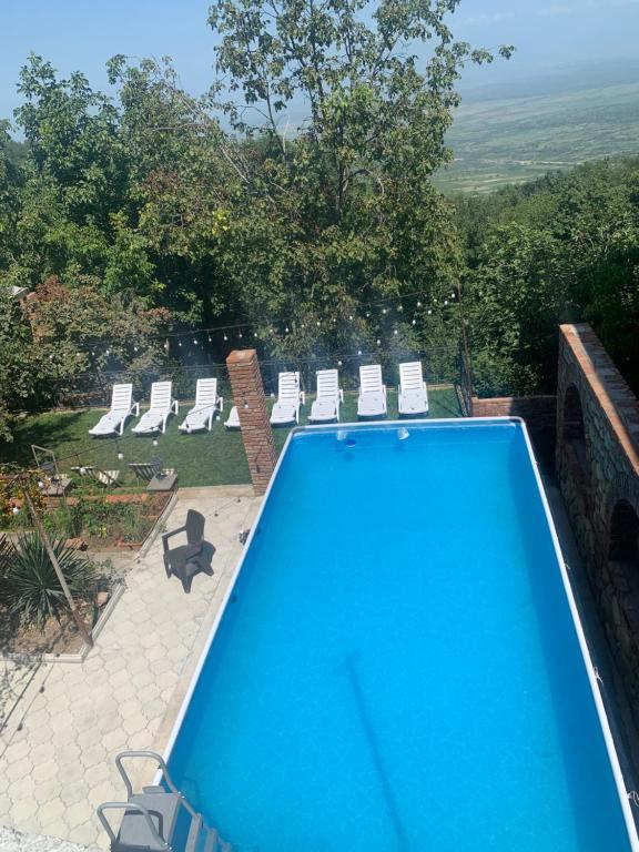 a blue swimming pool with lounge chairs and trees at Zandarashvili Guest House in Sighnaghi