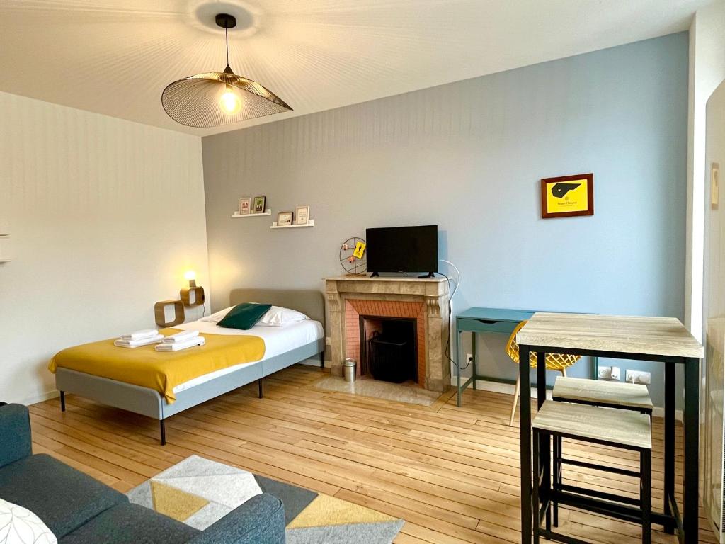 Schlafzimmer mit einem Bett, einem Kamin und einem TV in der Unterkunft Suite Clovis 5 in Reims