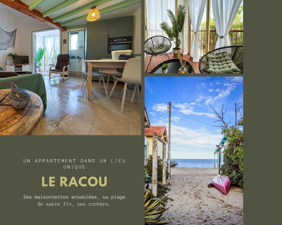 un collage de photos d'un salon et d'une plage dans l'établissement L'appart du Racou, à Argelès-sur-Mer