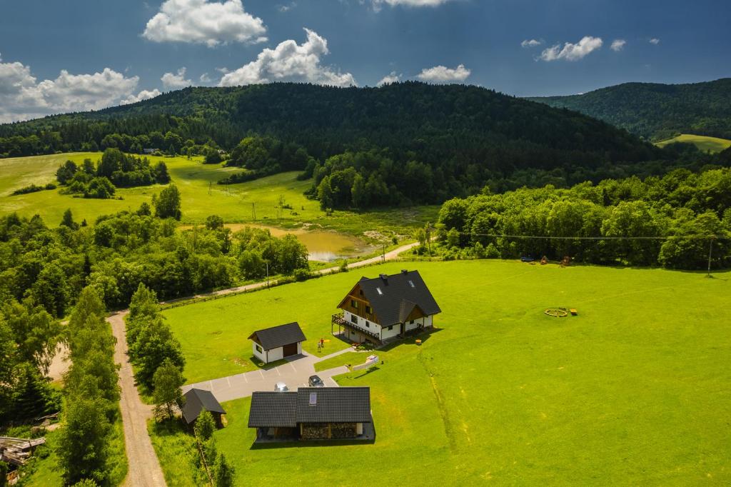 eine Luftansicht eines Hauses auf einem grünen Feld in der Unterkunft Siwejka - Ropki - Beskid Niski in Ropki