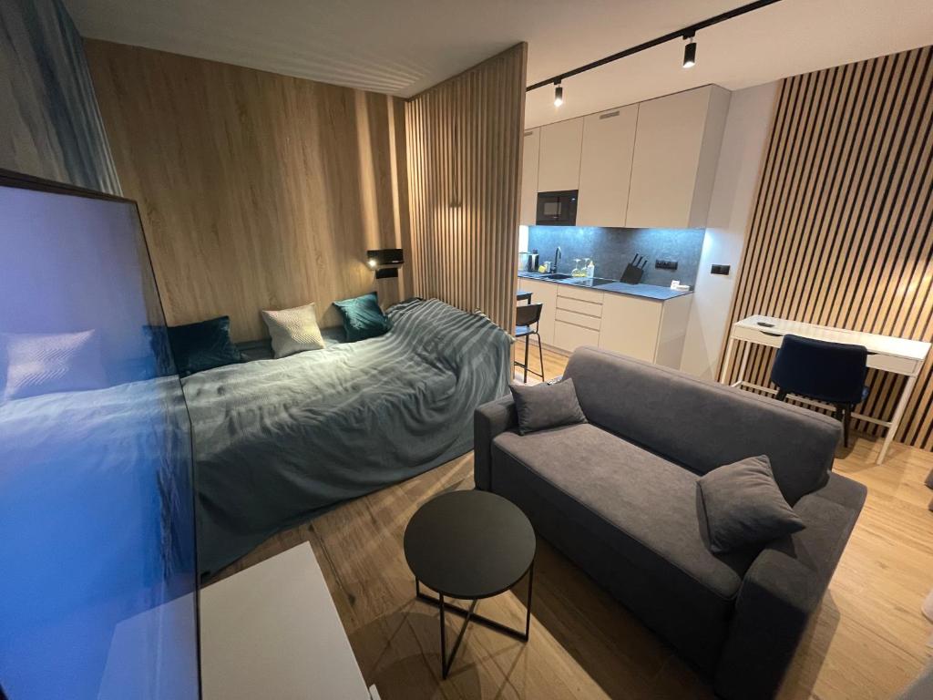 ein Schlafzimmer mit einem Bett und einem Sofa sowie eine Küche in der Unterkunft Blue River Apartment - Wrocław in Breslau