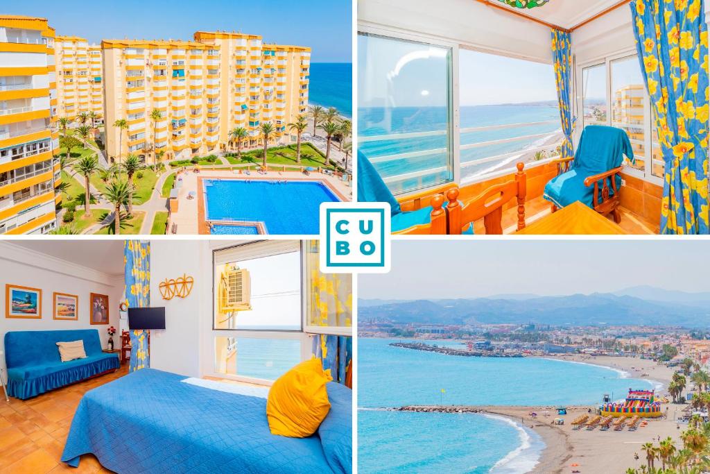 a collage of photos of a hotel room with a view of the ocean at Cubo's Estudio Centro Internacional in Caleta De Velez