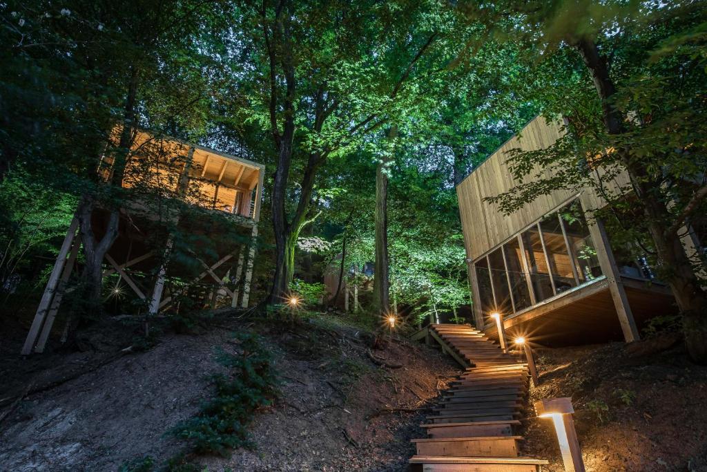 una casa en el bosque con luces en las escaleras en TreeHouses Noszvaj, en Noszvaj