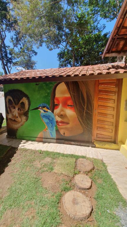 un mural de una mujer con un pájaro y un mono en Home Camping Tianguá 1,5 KM do Sítio do Bosco en Tianguá