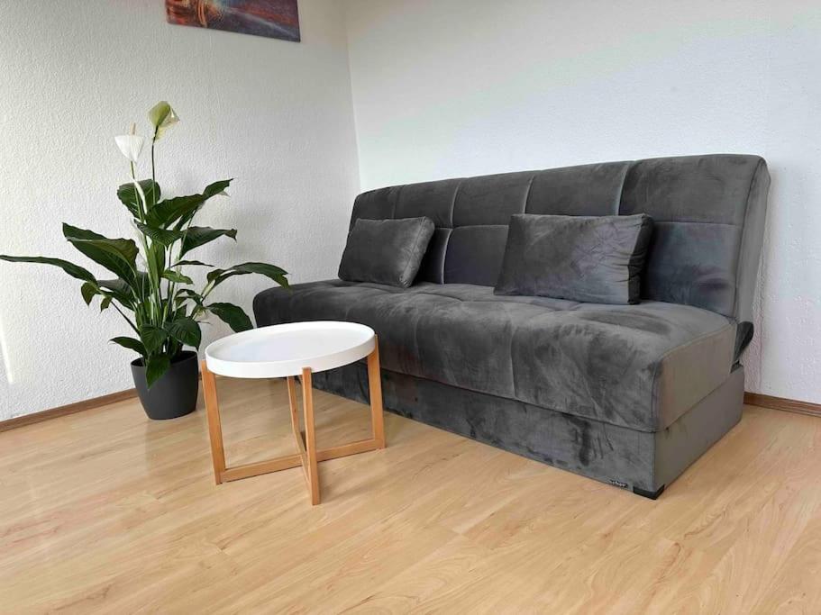 uma sala de estar com um sofá e uma mesa em 2 Zimmer Appartement Private Küche und Bad em Mönchengladbach