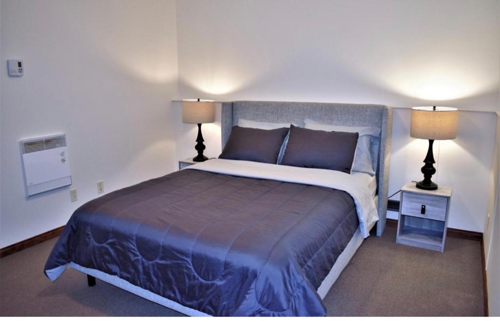 a bedroom with a large bed and two lamps at Cochrane’s Finest Airbnb in Cochrane