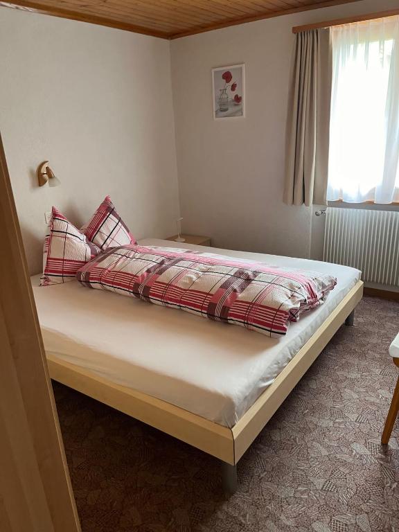 a bedroom with a large bed with red pillows at Gaby in Grächen
