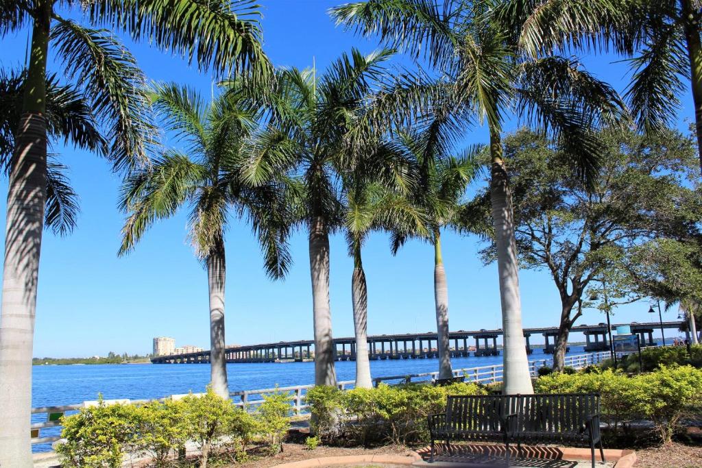 a view of the pier from the beach with palm trees at Golf Coast Charmer in Bradenton