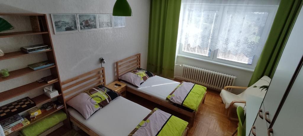 a small room with two beds and a window at Zelený pokoj in Mohelnice