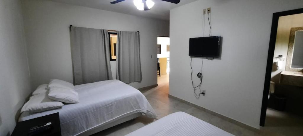 1 dormitorio con 1 cama y TV en la pared en Galería Concordia en Antiguo Tamuín