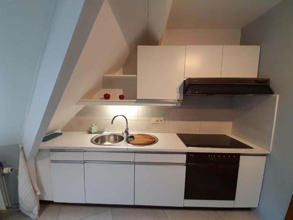 a small kitchen with a sink and a stove at Au bord de l'Orléans in Spa