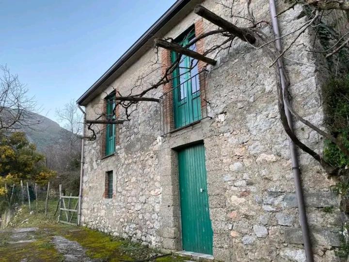 ein Steingebäude mit einer grünen Tür und Fenstern in der Unterkunft San leone. Secluded barn in Tortorici