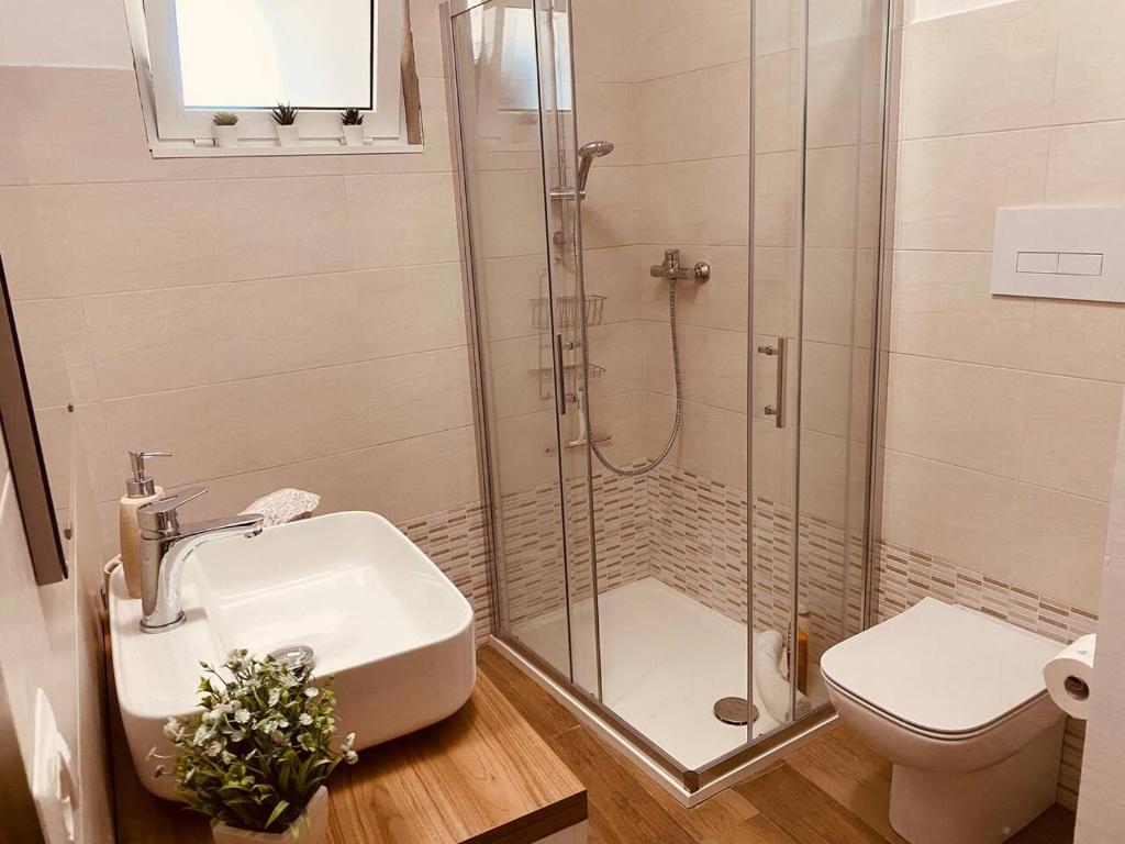 a bathroom with a shower and a sink and a toilet at Matteo's House in Penne