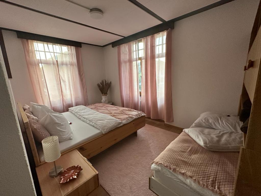 a bedroom with two beds and two windows at Gemütliches Doppelbett-Zimmer in Schöftland in Schöftland