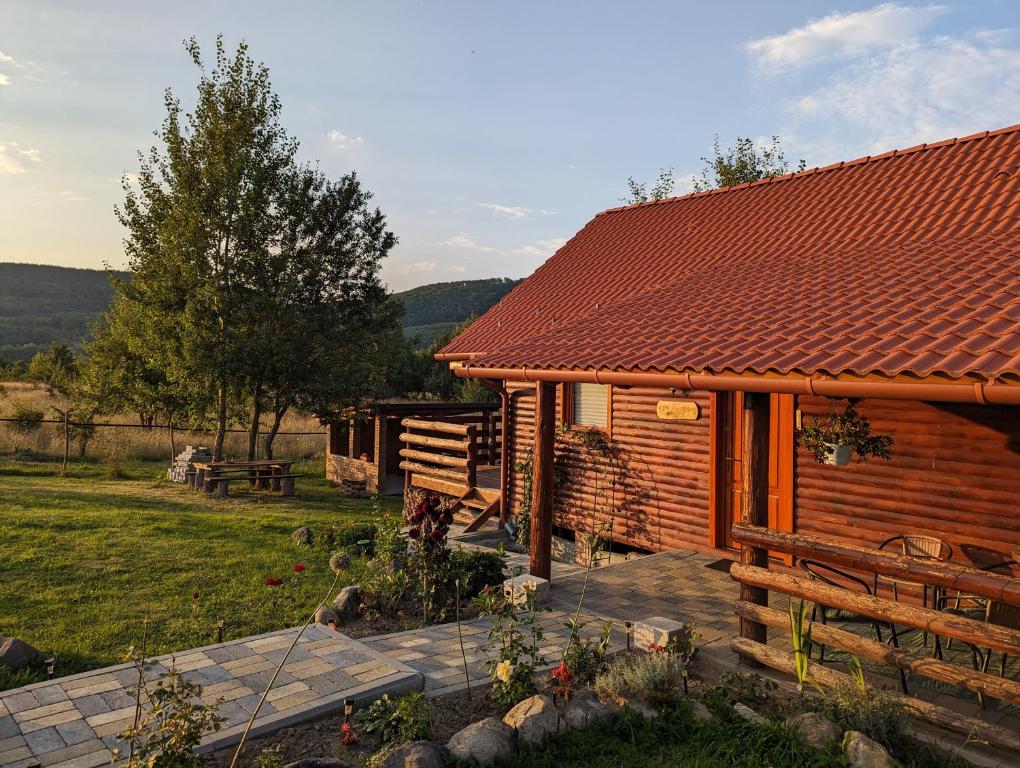 a log cabin with a bench next to a yard at Cabana Nyiko cu ciubăr in Lupeni