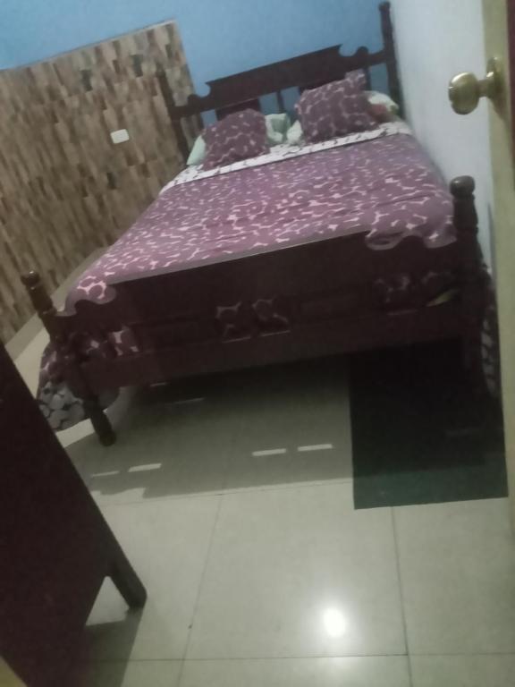 Schlafzimmer mit einem Bett mit lila Bettwäsche und Kissen in der Unterkunft Hostal-de don Pablo Del Centro Comercial in Quito