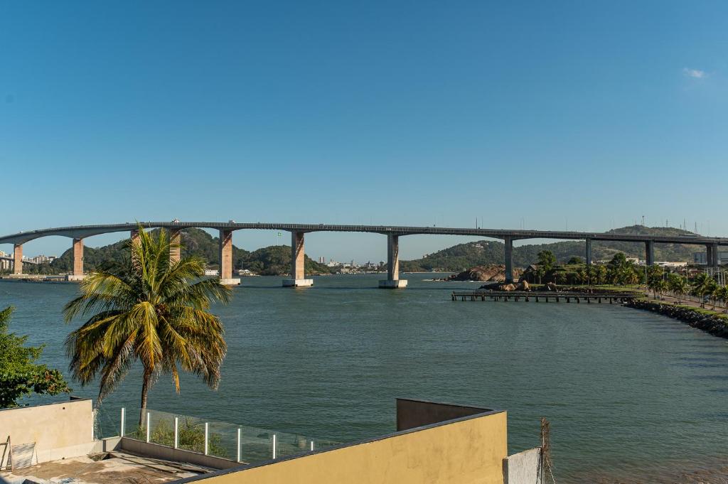 eine Brücke über einen Fluss mit einer Palme im Vordergrund in der Unterkunft Casa 4 Suítes - Ilha do Boi in Vitória