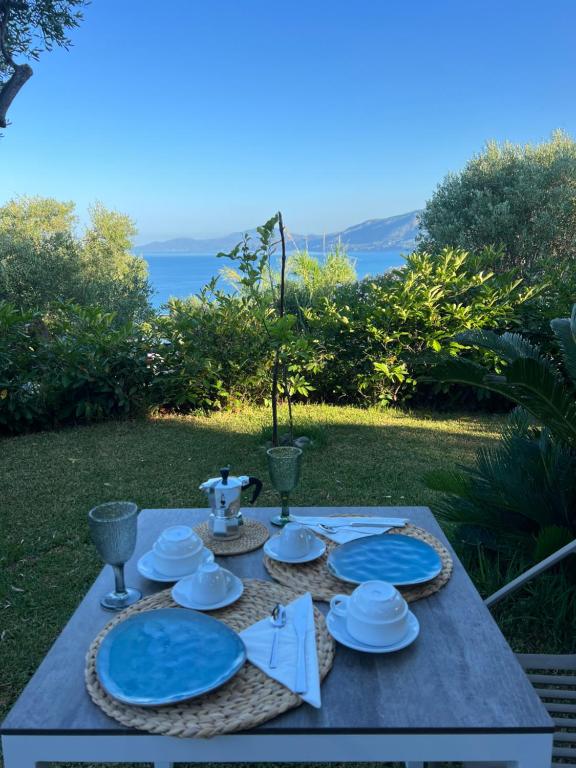 B&b Villa Jasmine في بالينورو: طاولة نزهة عليها لوحات زرقاء ومناديل