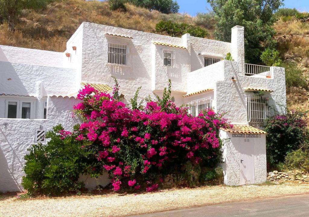 a white house with pink flowers in front of it at Casa de KoKo in Turre