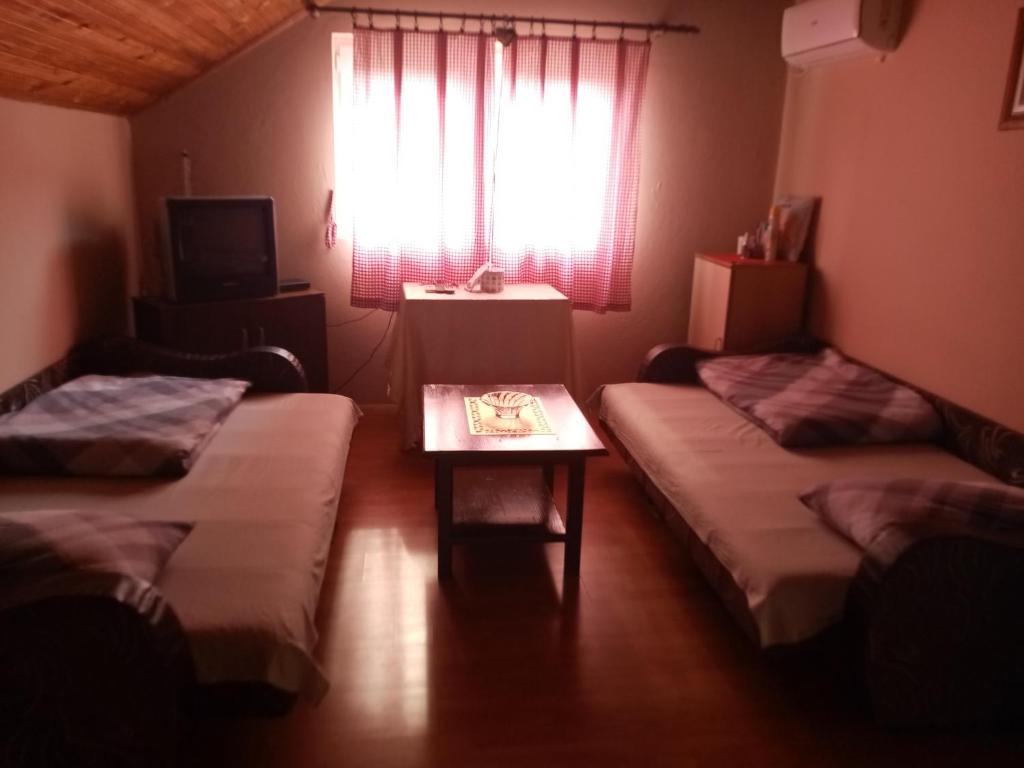 a room with two beds and a table and a window at Vikendica Petkovic in Crvica