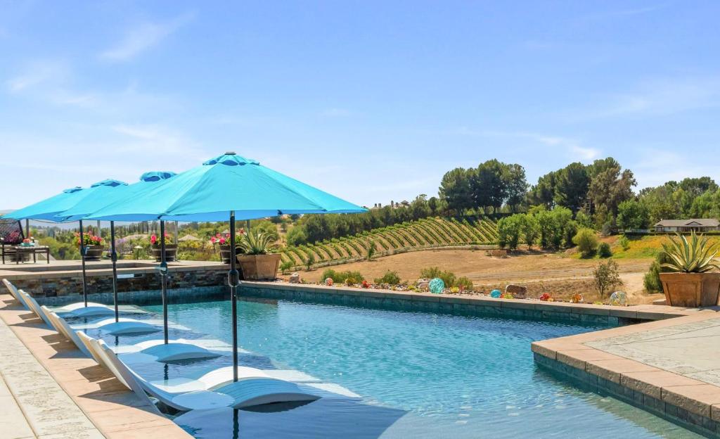 uma piscina com cadeiras e um guarda-sol em Gaia Inn & Spa- Adults Only- Temecula Wine Country em Temecula