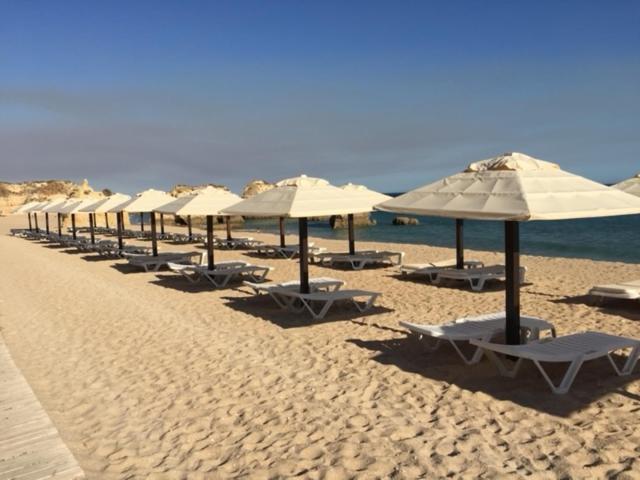 a row of umbrellas and lounge chairs on a beach at T1 - Praia da Rocha - com Vistas de Mar e Terraço in Portimão