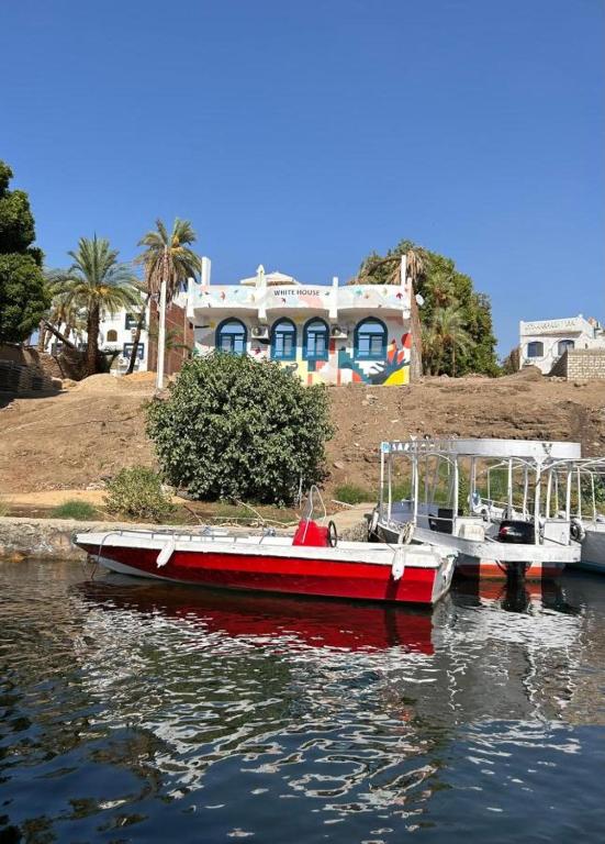two boats docked in the water in front of a house at White House in Aswan
