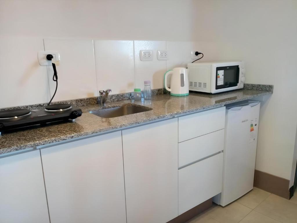 a kitchen with white cabinets and a sink and a microwave at Rodando x Mendoza in Guaymallen